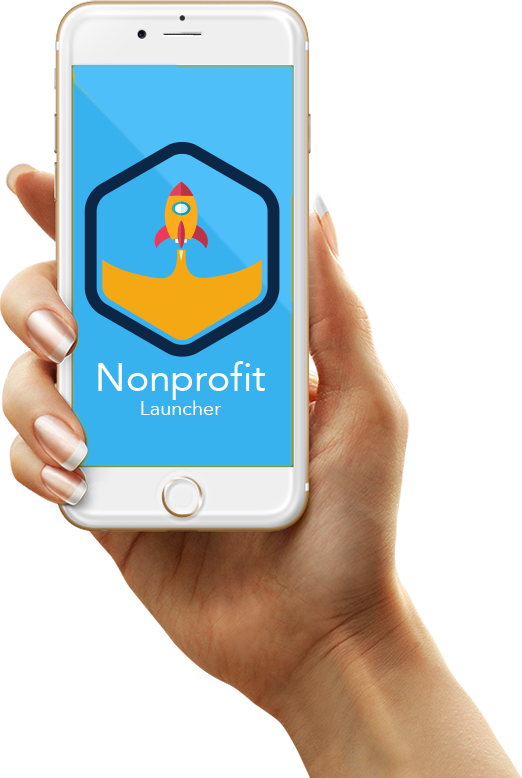 A woman displaying a cell phone with the logo of a nonprofit launcher from the comfort of her home.